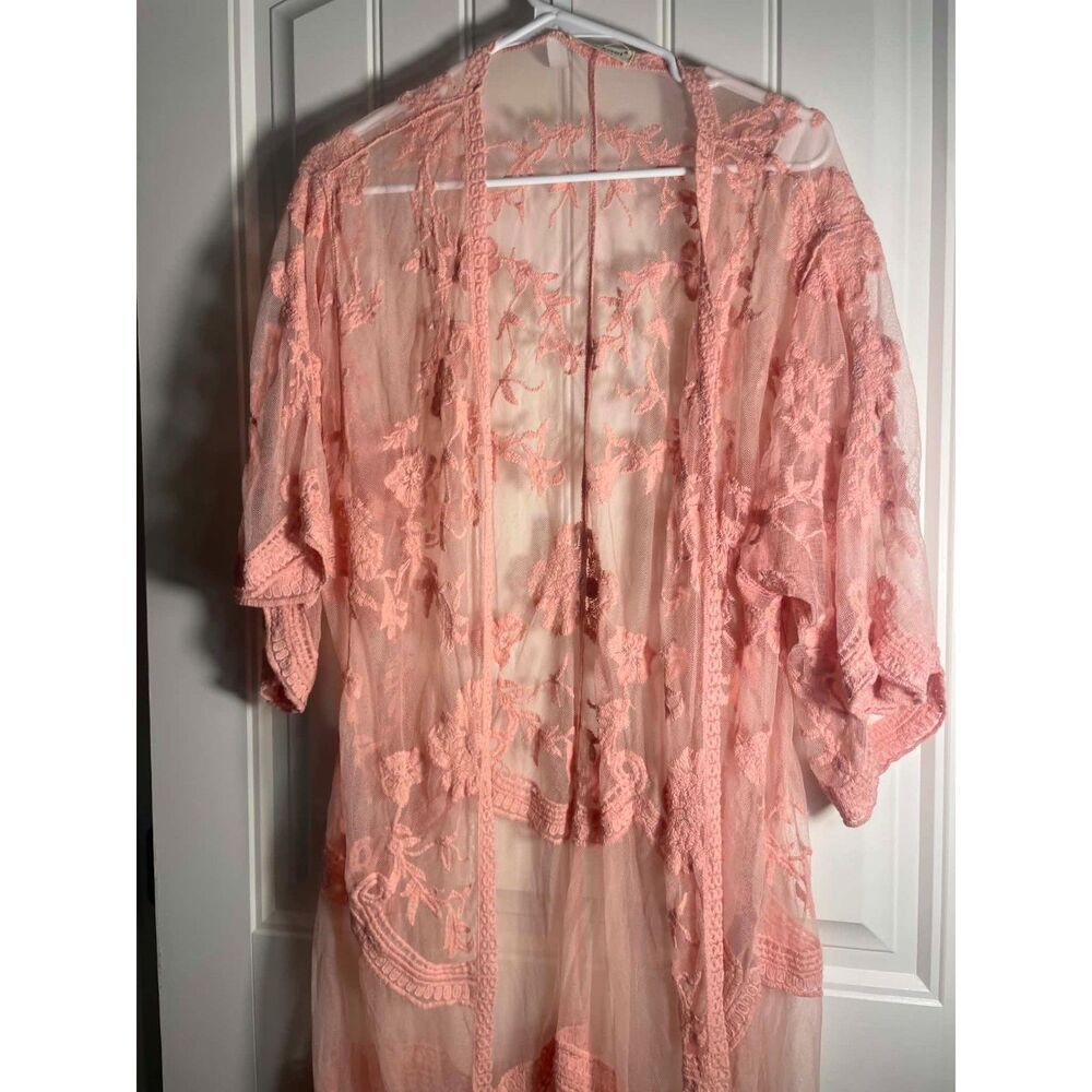 Anna-Kaci Ladies Peach Sheer, Floral Embroidered Kimona Large/XL